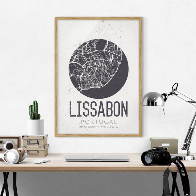 Tavlor med ram svart och vitt Lisbon City Map - Retro
