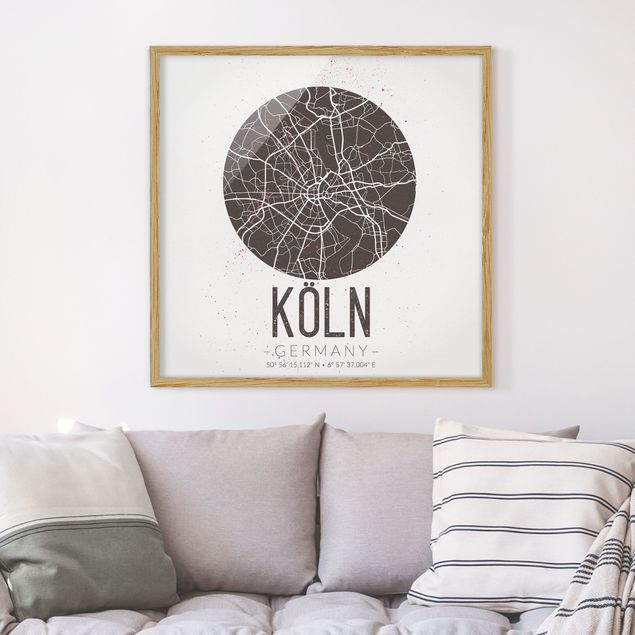 Tavlor med ram svart och vitt Cologne City Map - Retro