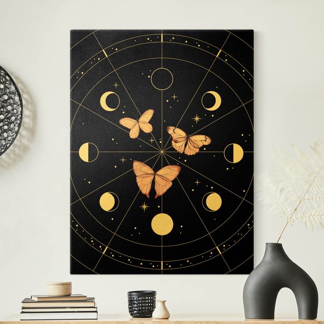 Leinwandbilder Gold Canvas Moon Phases And Butterflies Pink