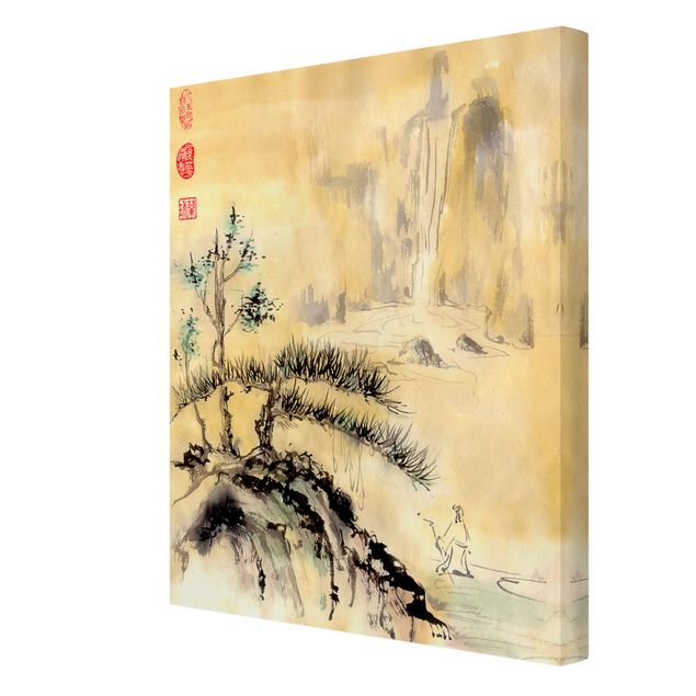 Tavlor landskap Japanese Watercolour Drawing Cedars And Mountains