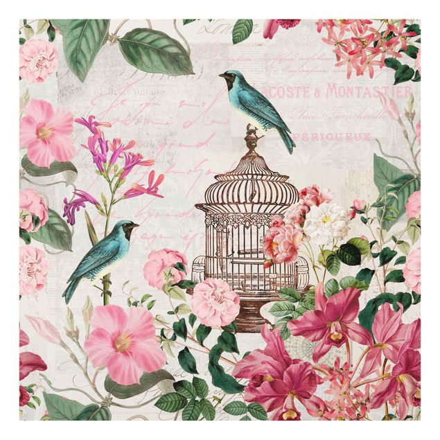 Tavlor blå Shabby Chic Collage - Pink Flowers And Blue Birds