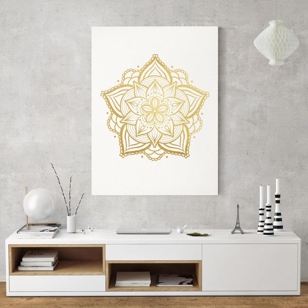 Canvastavlor mönster Mandala Flower Illustration White Gold