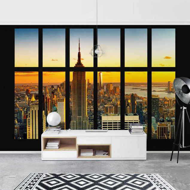 Fototapeter solnedgångar Window View Manhattan Skyline Sunset