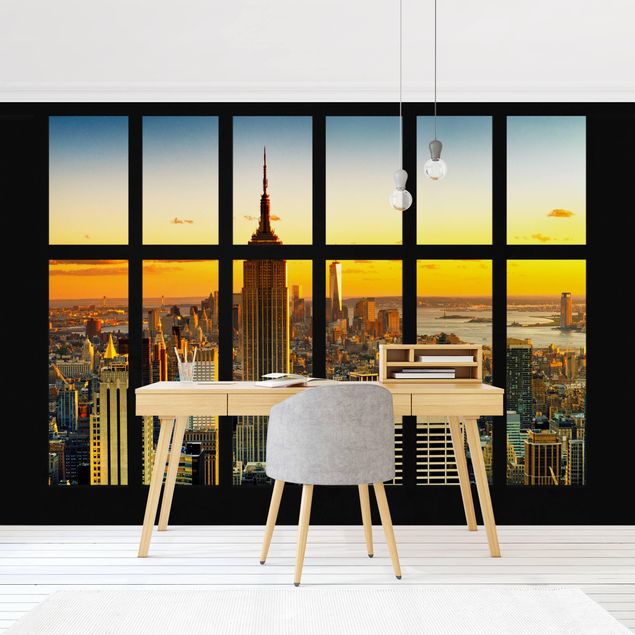 Fototapeter 3D Window View Manhattan Skyline Sunset