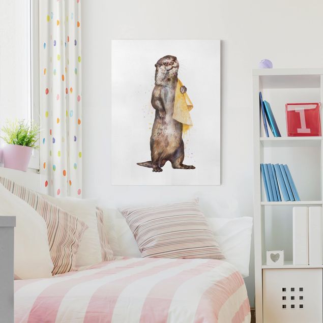 Canvastavlor konstutskrifter Illustration Otter With Towel Painting White