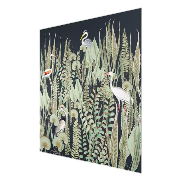 Tavlor Flamingo And Stork With Plants On Green