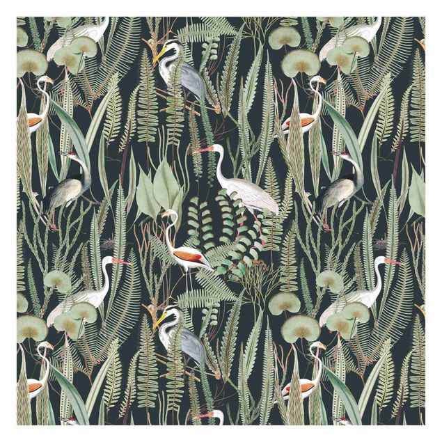 Tapeter modernt Flamingos And Storks With Plants On Green