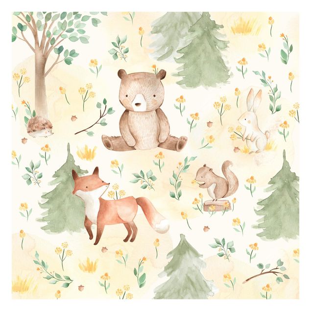 Tapeter Fox and bear with flowers and trees