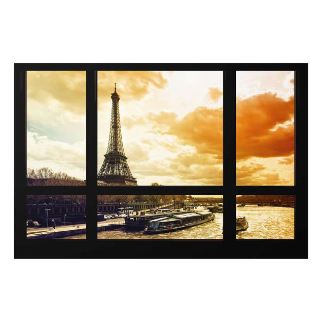 Glastavlor arkitektur och skyline Window view - Paris Eiffel Tower sunset