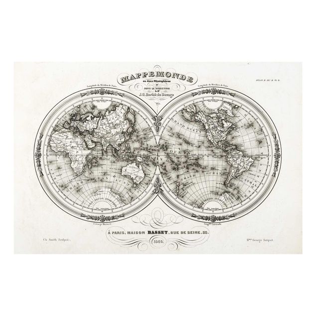 Tavlor svart och vitt French map of the hemispheres from 1848