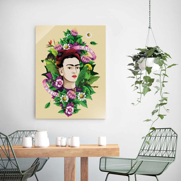 Glastavlor blommor  Frida Kahlo - Frida, Äffchen und Papagei