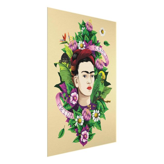 Tavlor blommor Frida Kahlo - Frida, Äffchen und Papagei