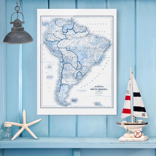 Glastavlor världskartor Map In Blue Tones - South America