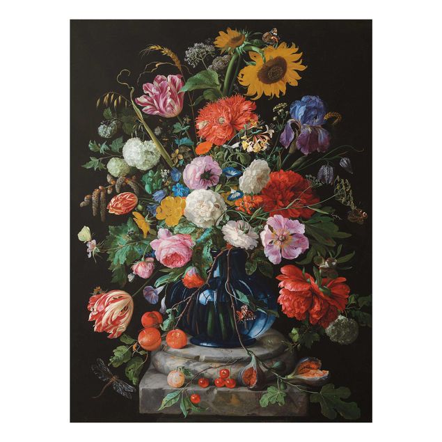 Glastavlor blommor  Jan Davidsz de Heem - Tulips, a Sunflower, an Iris and other Flowers in a Glass Vase on the Marble Base of a Column