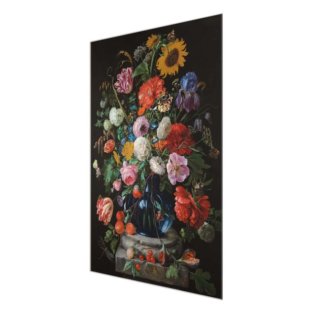 Tavlor blommor Jan Davidsz de Heem - Tulips, a Sunflower, an Iris and other Flowers in a Glass Vase on the Marble Base of a Column