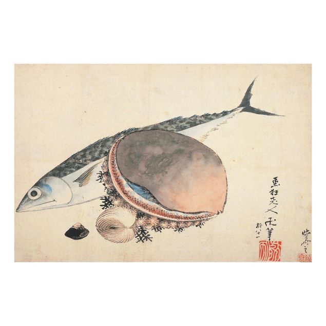Tavlor stillliv Katsushika Hokusai - Mackerel and Sea Shells