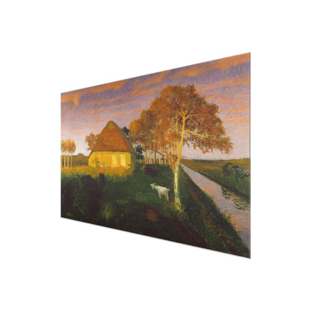 Glastavlor landskap Otto Modersohn - Moor Cottage in the Evening Sun
