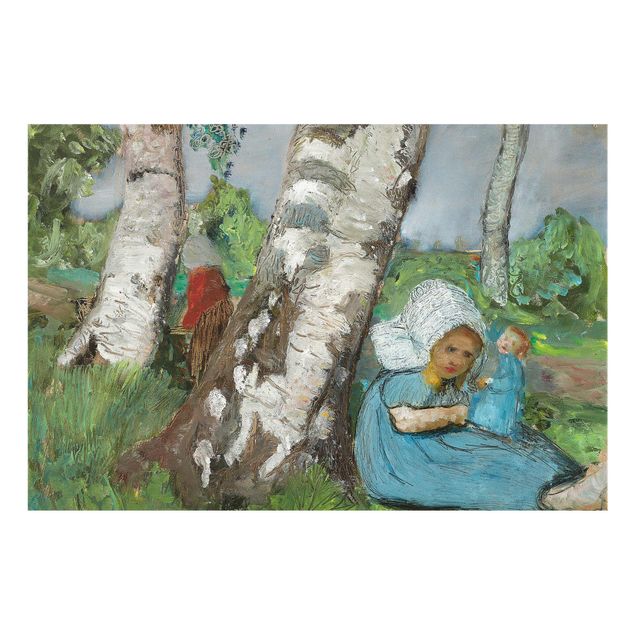 Tavlor träd Paula Modersohn-Becker - Child with Doll Sitting on a Birch Trunk