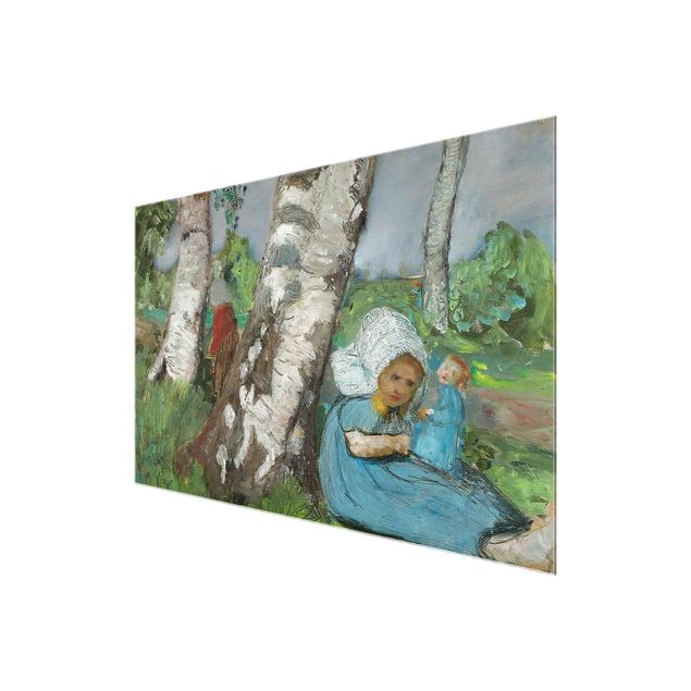 Tavlor landskap Paula Modersohn-Becker - Child with Doll Sitting on a Birch Trunk