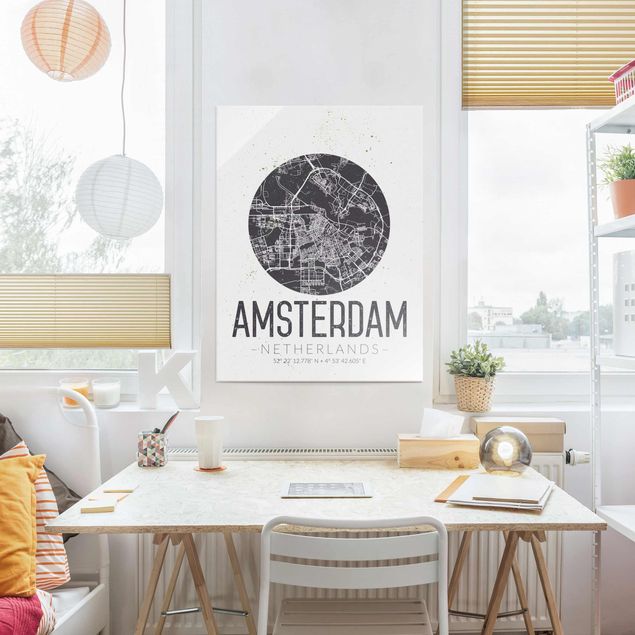 Glastavlor svart och vitt Amsterdam City Map - Retro