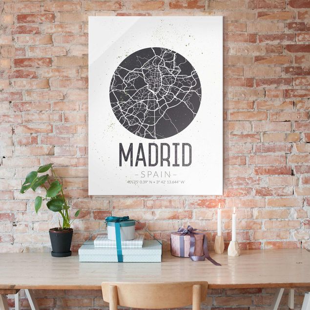 Glastavlor svart och vitt Madrid City Map - Retro