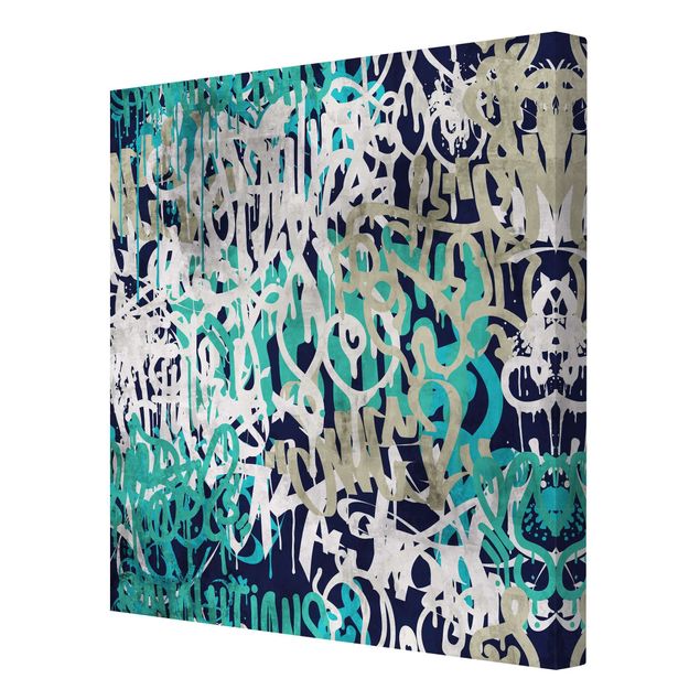 Canvastavlor Graffiti Art Tagged Wall Turquoise