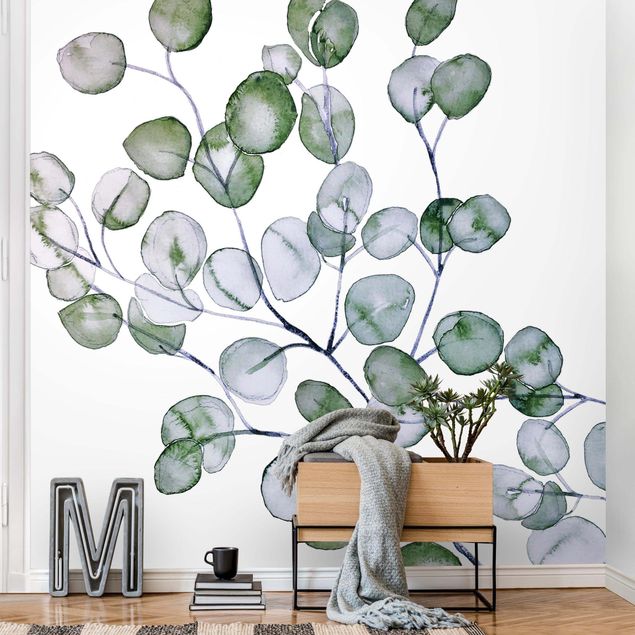 Tapeter modernt Green Watercolour Eucalyptus Branch