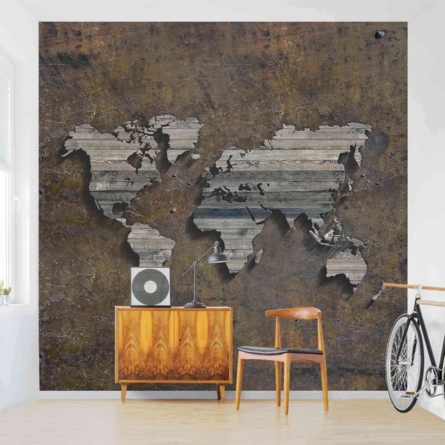 Tapeter modernt Wooden Grid World Map