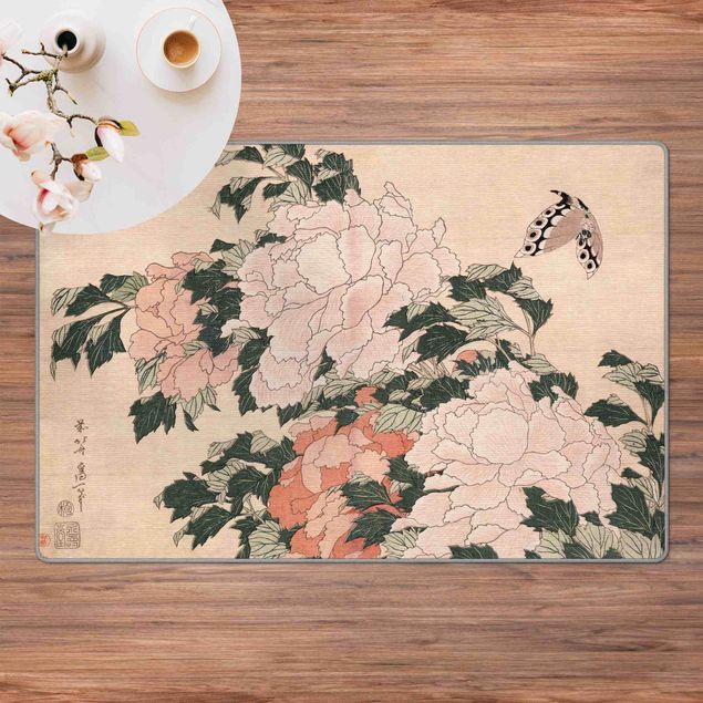 modern matta Katsushika Hokusai - Pink Peonies With Butterfly