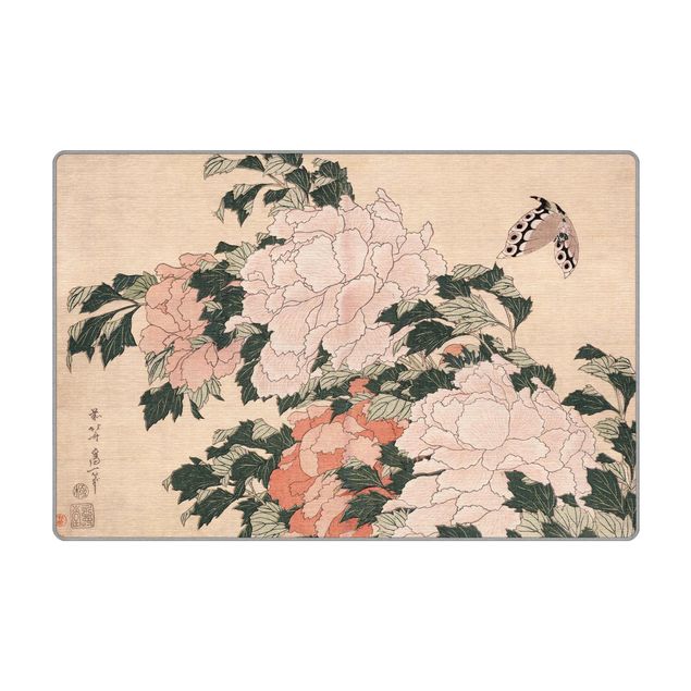 stora mattor Katsushika Hokusai - Pink Peonies With Butterfly