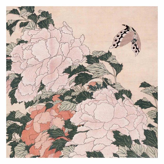 Fototapeter blommor  Katsushika Hokusai - Pink Peonies With Butterfly