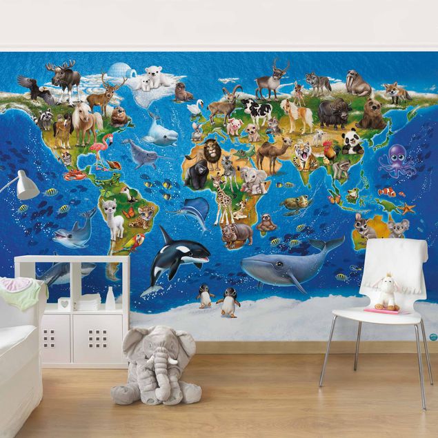 Fototapeter världskartor Animal Club International - World Map With Animals