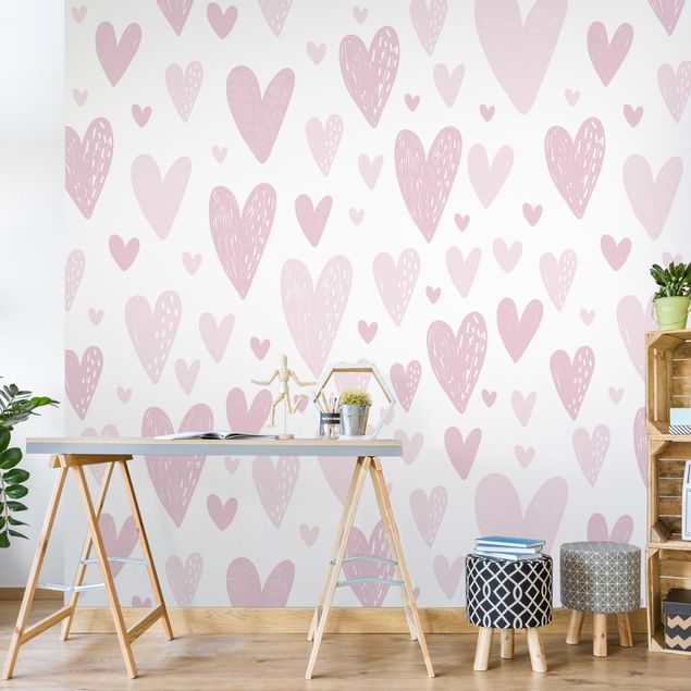 Tapeter modernt Small And Big Drawn Light Pink Hearts
