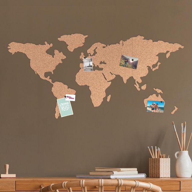 Autocolantes de parede mapa-múndi Weltkarte Kork Pinnwand mit 16 Landkarten-Pins 100 x 45 cm