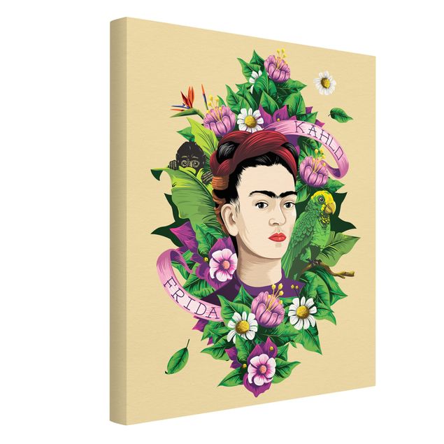 Tavlor konstutskrifter Frida Kahlo - Frida, Äffchen und Papagei