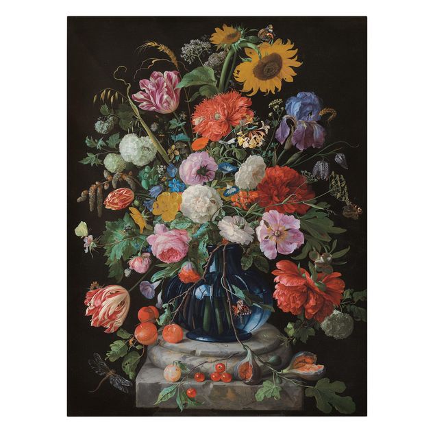 Konststilar Jan Davidsz de Heem - Tulips, a Sunflower, an Iris and other Flowers in a Glass Vase on the Marble Base of a Column