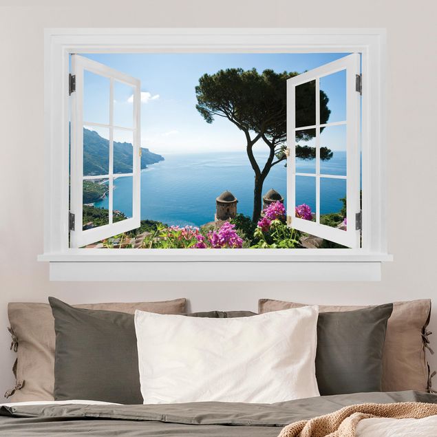 Autocolantes de parede 3D Open window view from the garden to the sea
