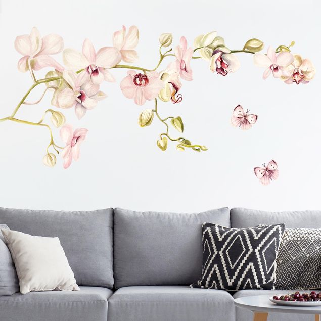 Wallstickers orkidéer Orchidenzweig and butterfly in rosé