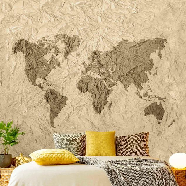 Tapeter modernt Paper World Map Beige Brown