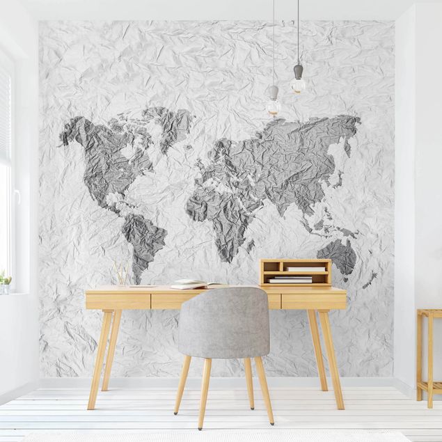 Tapeter modernt Paper World Map White Grey
