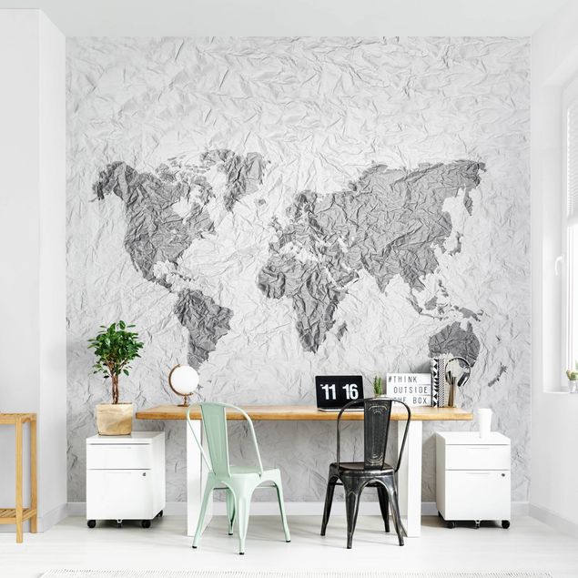 Fototapeter svart och vitt Paper World Map White Grey