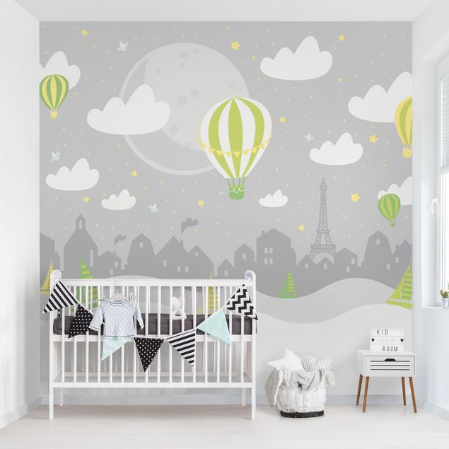 Tapeter modernt Paris With Stars And Hot Air Balloon In Grey