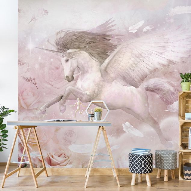 Fototapeter rosor Pegasus Unicorn With Roses