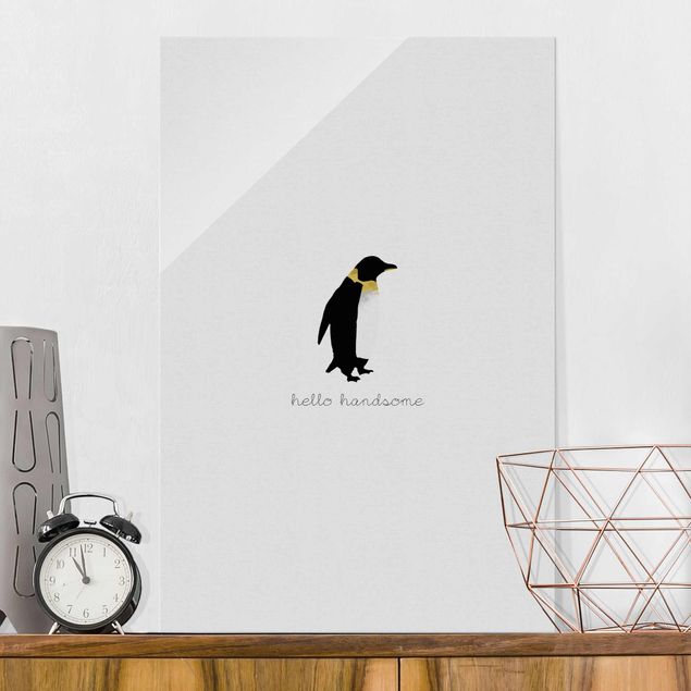 Glastavlor svart och vitt Penguin Quote Hello Handsome