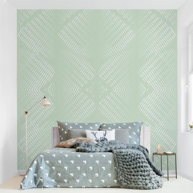 Mönstertapet Rhombic Pattern With Stripes In Mint Colour
