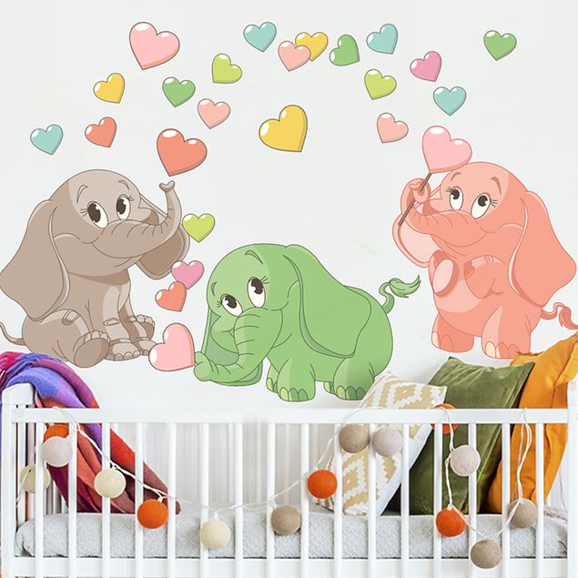 Autocolantes de parede elefantes Rainbow elephant babies with colorful hearts