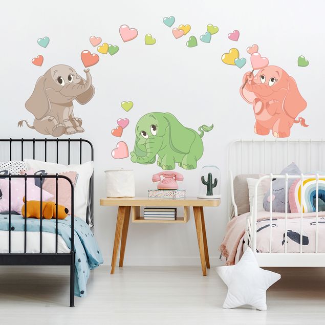 Autocolantes de parede animais Rainbow elephant babies with colorful hearts