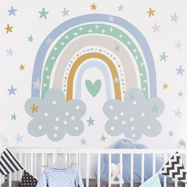 Wallstickers regnbåge Rainbow with clouds blue turquoise
