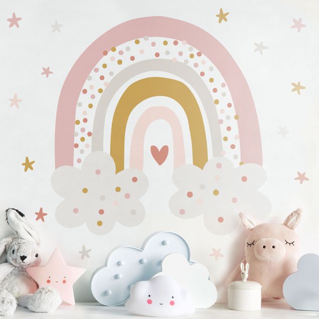Wallstickers regnbåge Rainbow with clouds pink
