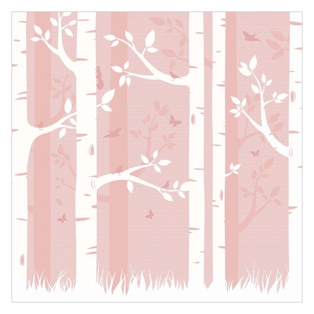 Fototapeter beige Pink Birch Forest With Butterflies And Birds